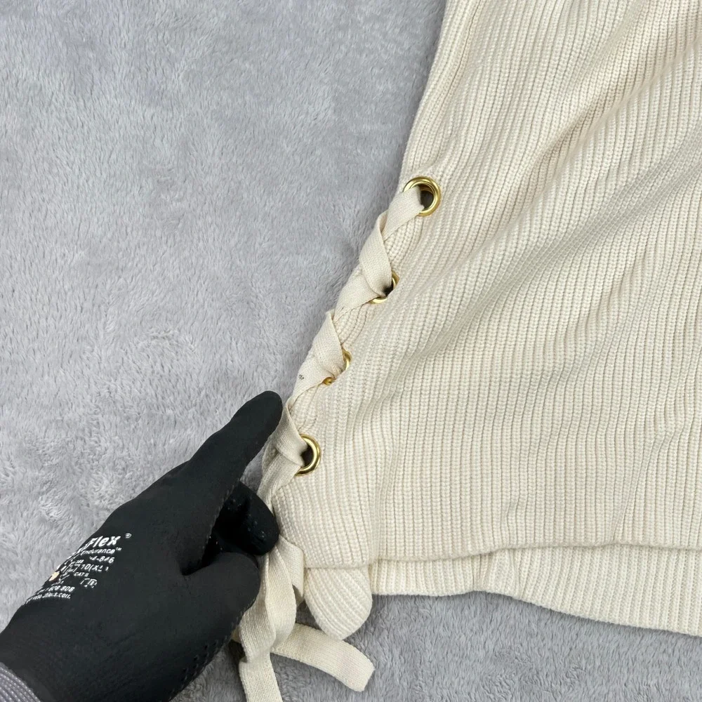 Michael Kors Lace Up Side Ribbed Knit Sweater L White Women Mock Neck Sleeveless